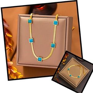 Gold Turquoise Pendant Matching Bracelet Set Herringbone 18K Gold Plated